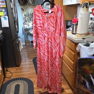 CAbi Vibrant Red Orange and Gray Patterned Dress Size S